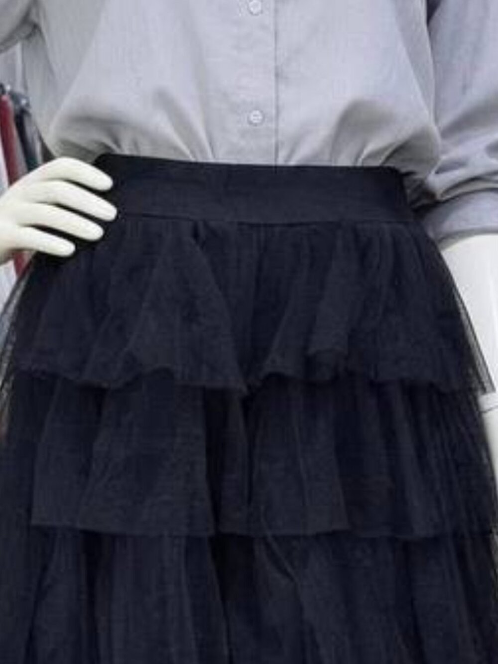Black Tiered Tulle Maxi Skirt – Layered Ruffle Mesh Skirt - Picture 2 of 5